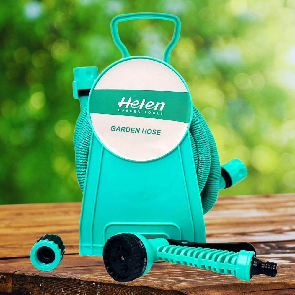 Шланг поливальний 10м з котушкою та розпилювачем з 7 режимами Helen Garden Tools розтягувальний шланг садовий
