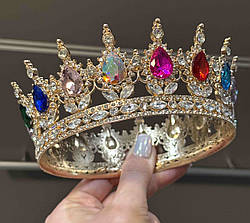 Корона металева для декору ЗОЛОТА з камінцями РІЗНОГО кольору