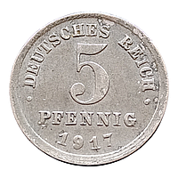 Німеччина 5 пфенігів, 1917 Мітка монетного двору "J" - Гамбург