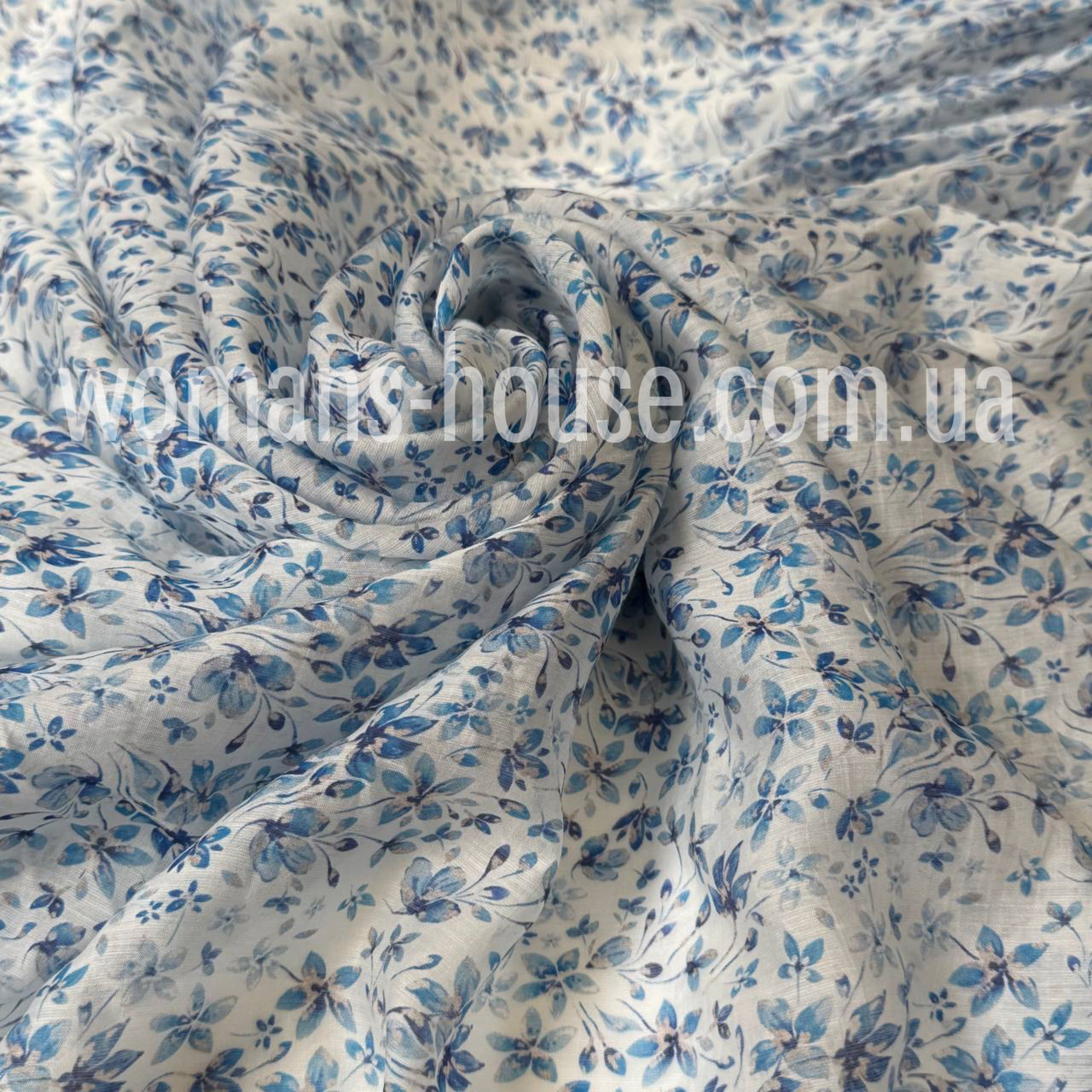 Тканина Тенцель натуральна 75 г/м2 принт 150 см Блакитні квіти на білому, фото 1