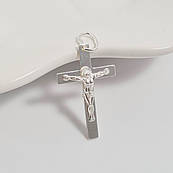 Хрестик срібний з об'ємним розп'яттям і написом Спаси і Збережи ажурний гладенький
