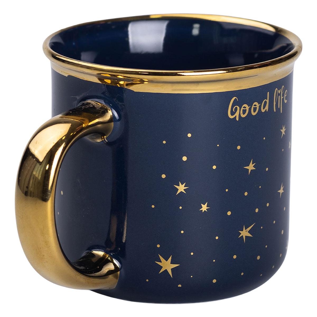 Чашка керамическая Good life с золотым ободком и золотой ручкой 320 (мл) звездное небо Синяя Lugi, фото 1