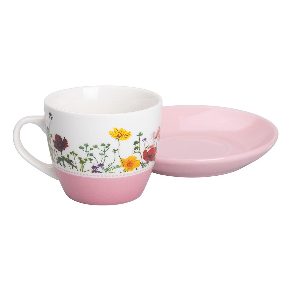 Керамическая чашка с блюдцем 250 (мл) для чая и кофе чашка с цветами Розовая Lugi, фото 1