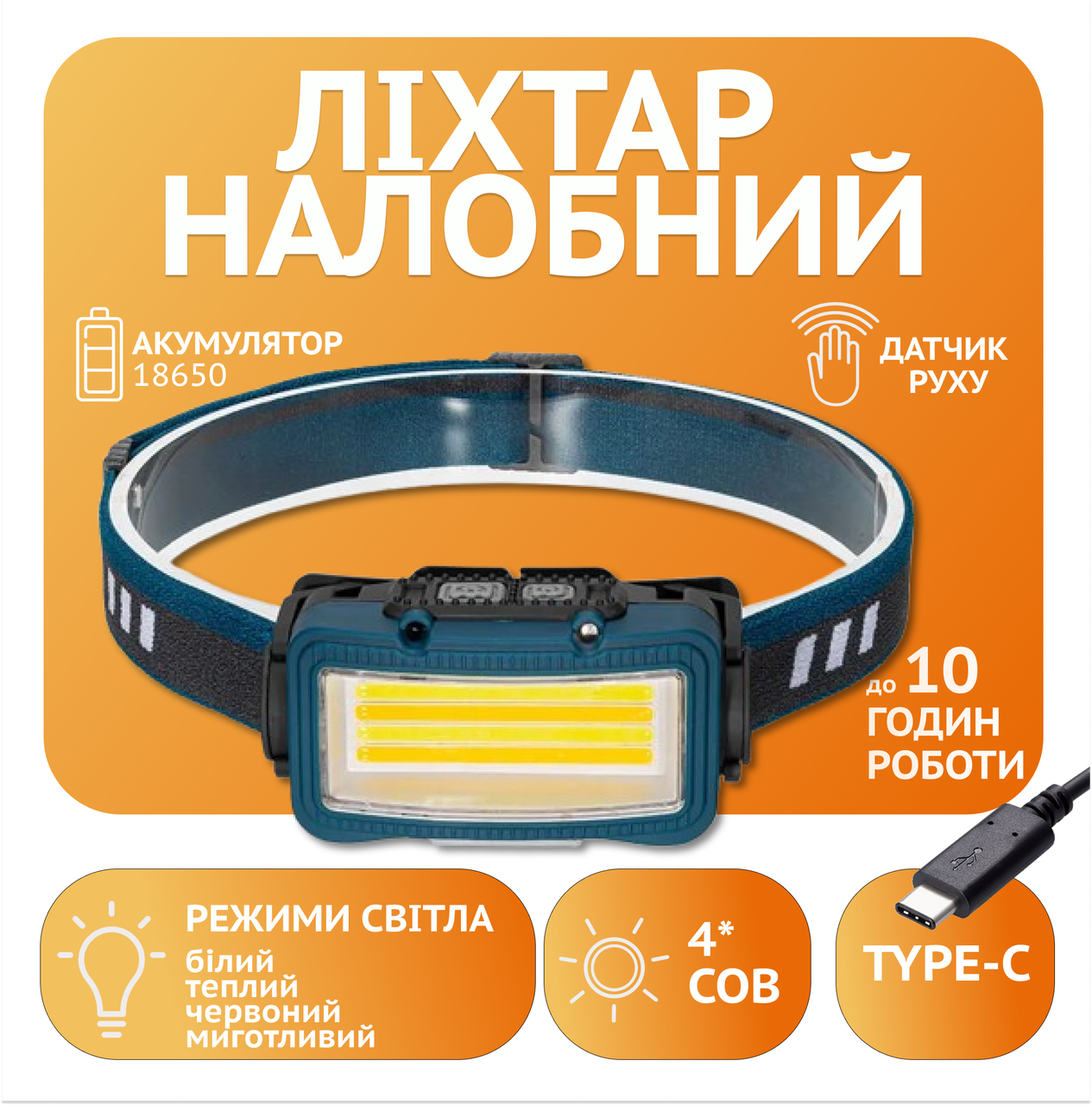 Налобний ліхтар Rablex RB956, жовтий+білий+червоний, 4хCOB, Сенсор, акум, Type-C, фото 1
