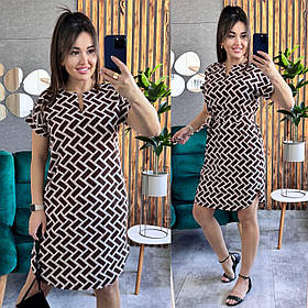 Літнє плаття-туніка із софту з поясом бежеве абстрактний коричневий принт