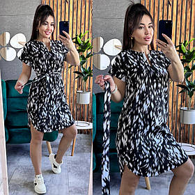 Літнє плаття-туніка із софту з поясом чорне з абстрактним принтом