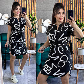 Літнє плаття-туніка із софту з поясом чорне з абстрактним принтом