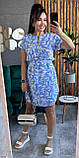 Літнє плаття-туніка із софту з поясом блакитне принт-листочки, фото 2