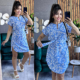 Літнє плаття-туніка із софту з поясом блакитне принт-листочки