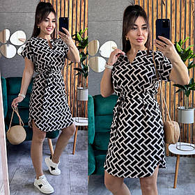 Літнє плаття-туніка із софту з поясом бежеве абстрактний чорний принт