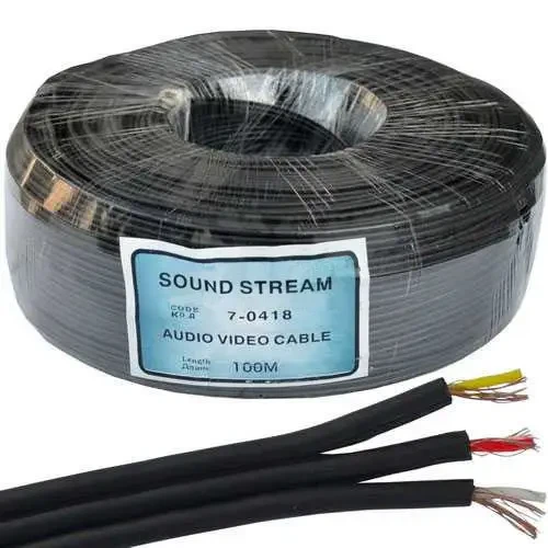 Кабель аудіо-відео Sound Star, 3 жили, в екрані, плоский, 2,6х7,8 мм, чорний, 100 м