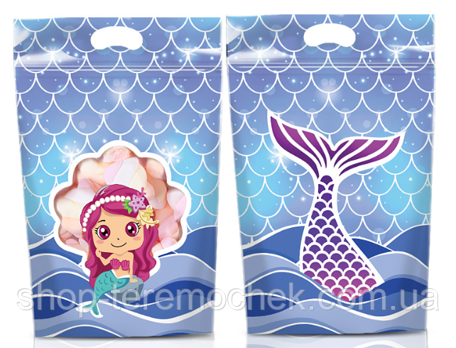 Пакет подарунковий з малюнком Русалонька двосторонній із зіп застібкою з ручкою 22 х15 см для солодощів дитячий, фото 1