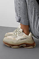 Бежеві шкіряні жіночі кросівки Balenciaga Triple S Clear Sole Демісезонні кросівки Баленсіага на платформі