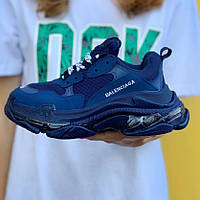 Сині шкіряні жіночі кросівки Balenciaga Triple S Clear Sole Демісезонні кросівки Баленсіага на платформі