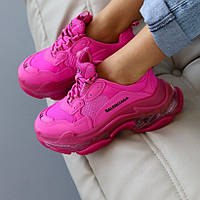 Рожеві шкіряні жіночі кросівки Balenciaga Triple S Clear Sole Демісезонні кросівки Баленсіага на платформі