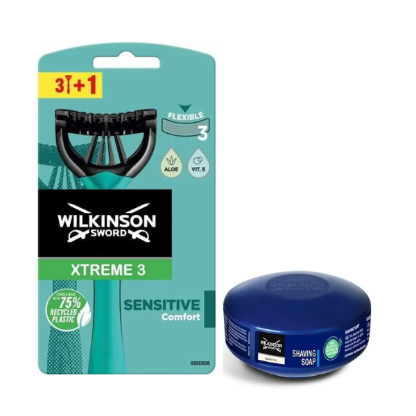 Чоловічі одноразові станки Wilkinson Sword Xtreme 3 Sensitive 3+1 + Wilkinson Essential мило для гоління 125 г