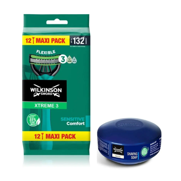Одноразові станки Wilkinson Sword Xtreme 3 Sensitive (12 шт.) + Wilkinson Essential мило для гоління 125 г