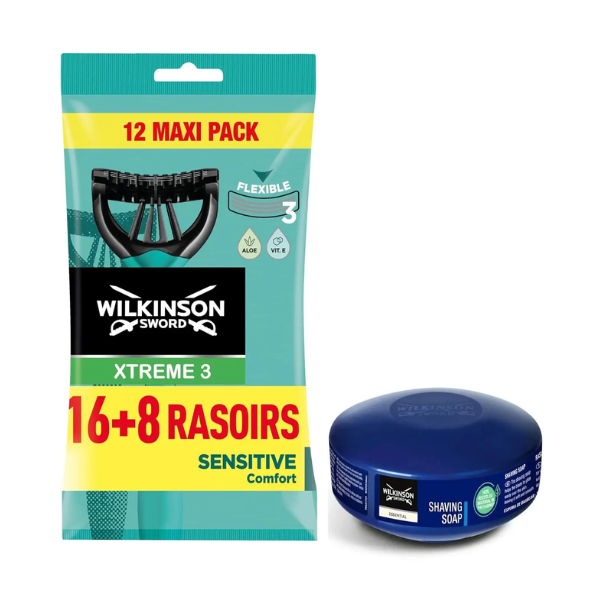 Одноразові станки Wilkinson Sword Xtreme 3 Sensitive (16+8 шт.) + Wilkinson Essential мило для гоління 125 г