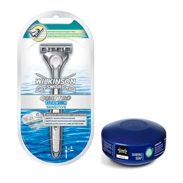 Станок для гоління Wilkinson Sword Quattro Titanium Sensitive 1 картридж + Wilkinson Essential мило для гоління 125 г