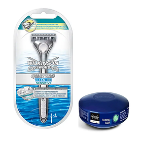 Станок для гоління Wilkinson Sword Quattro Titanium Sensitive 1 картридж + Wilkinson Essential мило для гоління 125 г