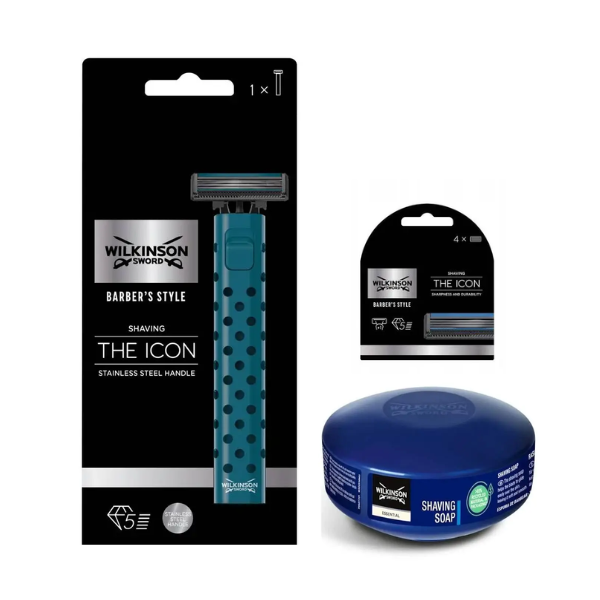 Станок Wilkinson Sword Barber's Style The Icon + 4 касети + Wilkinson Essential мило для гоління 125 г