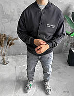 Чоловічий темно-сірий бомбер весняний осінній короткий на тринитці, Демісезонна куртка-бомбер сірого кольору без капюшона