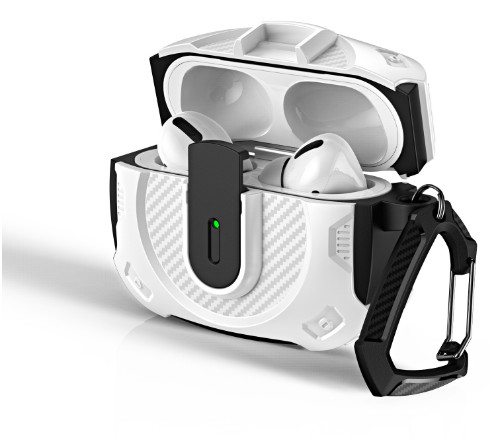 Протиударний чохол Rugged Carbon для навушників Apple Airpods 4 | чохол + карабін | кнопка-фіксатор | білий