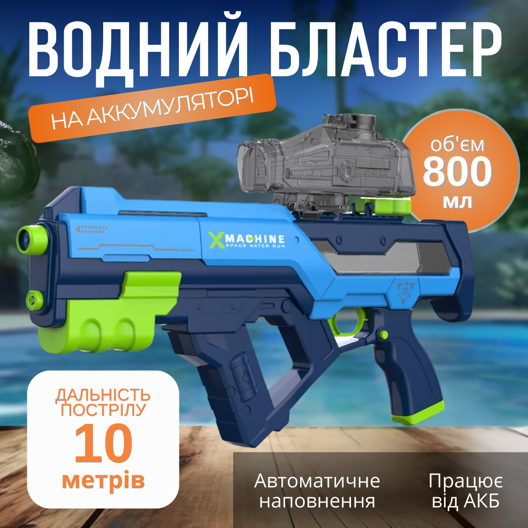 Електричний водний автомат для дітей, потужний іграшковий бластер із підсвіткою та звуковими ефектами, синій, фото 1