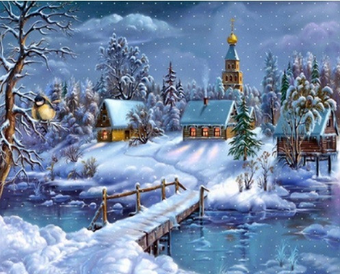 Алмазна мозаїка "Зима в селі", картина стразами. 20*30 см