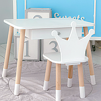 Стіл прямокутний з ящиком для речей 46х60х45 і стілець корона 26х26х24, столик та стільчик в дитячу, білий