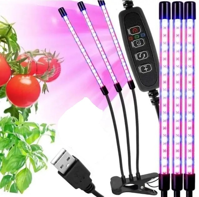 Гнучка ультрафіолетова лампа для рослин на 3 гілки, від USB, 30 Вт. Світлодіодна фітолампа., фото 1