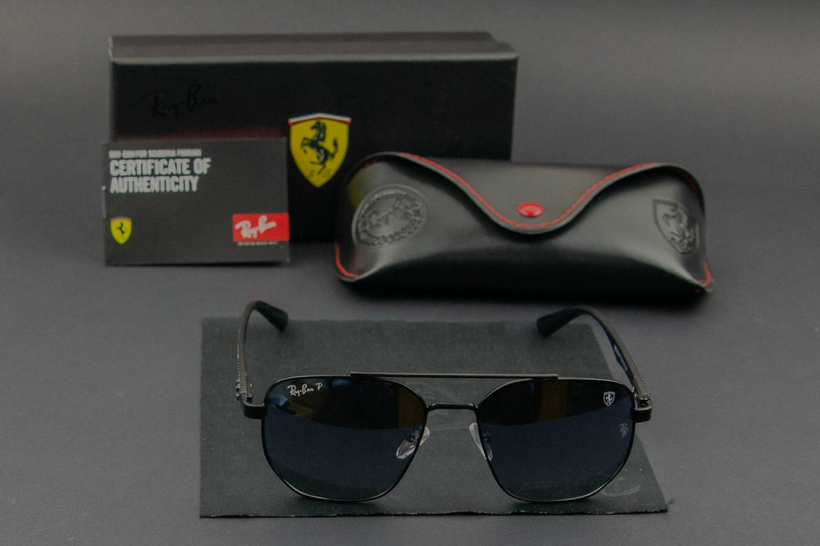 Сонцезахисні окуляри RAY BAN Ferrari поляризаційні UV400 (арт. RB0304-P) чорний/ дзеркальні лінзи, фото 1