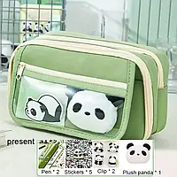 Набір пеналів Panda Canvas з ручками, кліпами, наклейками та плюшевою фігуркою - легка тканина, підвісний кріп