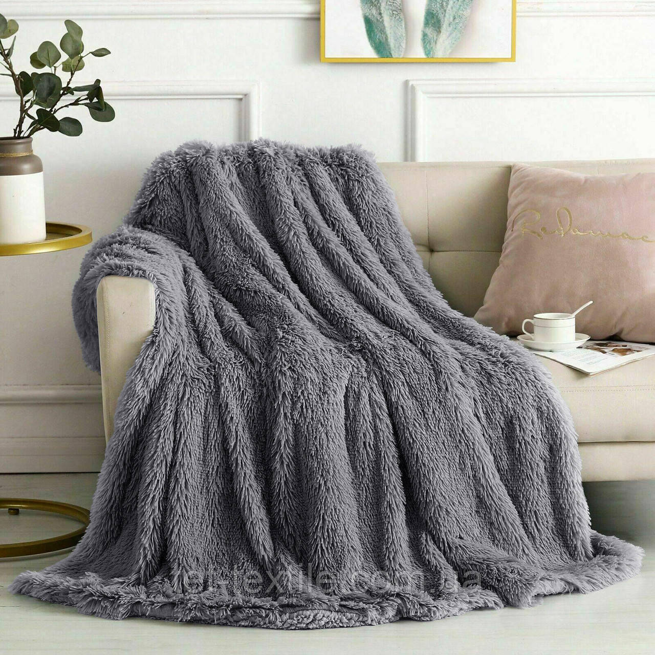 Плед покрывало Koloco Травка сірий 220х240см