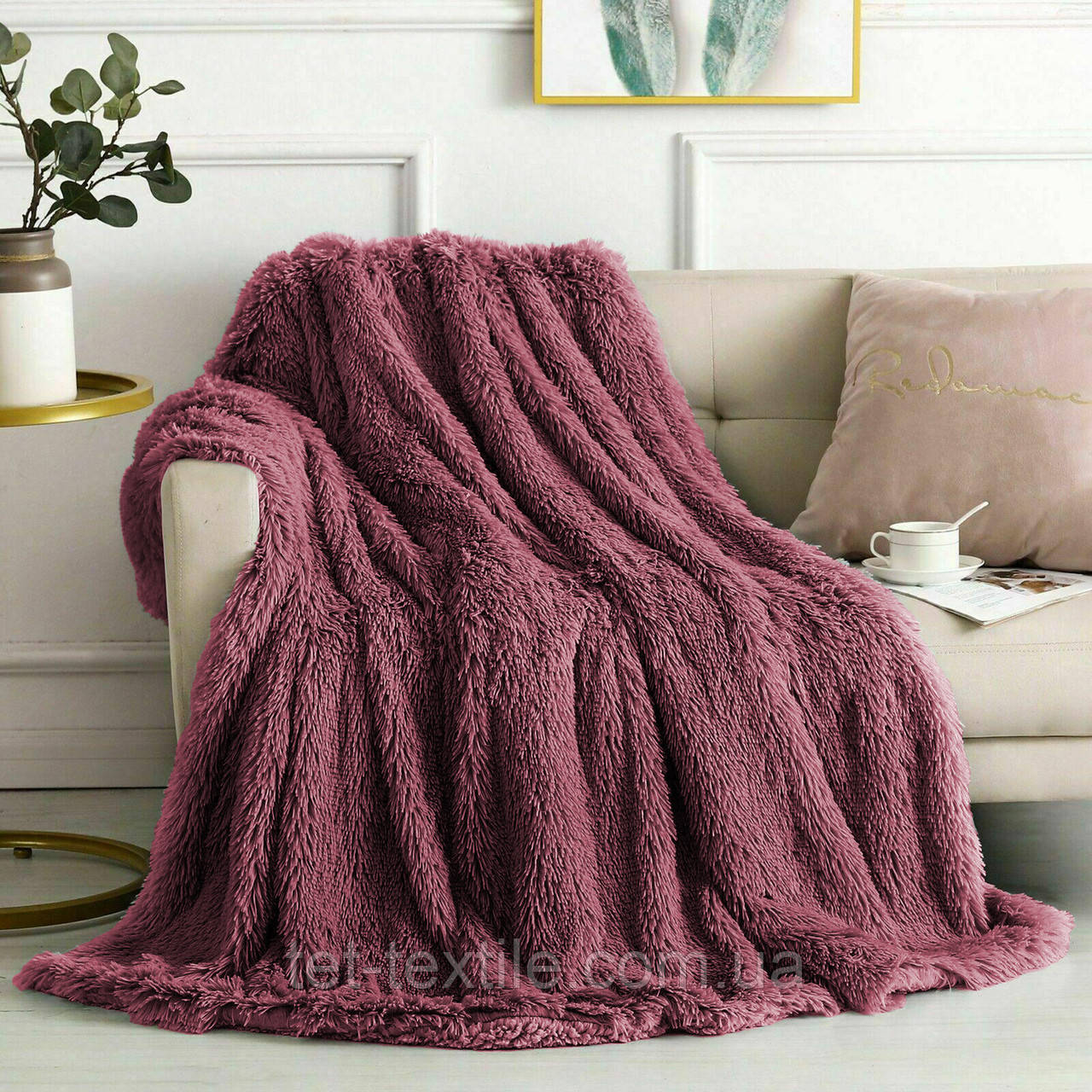 Плед покрывало Koloco Травка малиновий 220х240см