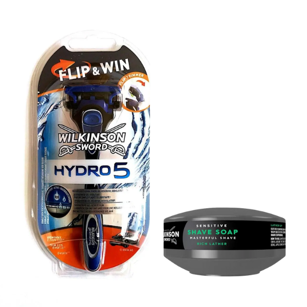 Станок Wilkinson Sword Hydro 5 Flip&Win + Мило для гоління Wilkinson Sword для чутливої шкіри 125 г