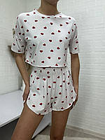 Стильна піжама топ шорти на запах принт сердечко тканина вісказа