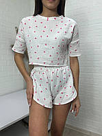 Пижама муслінова топ шорти на запах принт рожеве сердечко