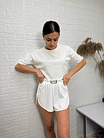 Костюм жіночий  на літо у рубчик топ шорти на запах у білому кольорі