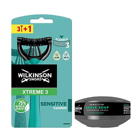 Чоловічі одноразові станки Wilkinson Sword Xtreme 3 Sensitive 3+1 + Мило для гоління Wilkinson Sword для чутливої шкіри 125 г