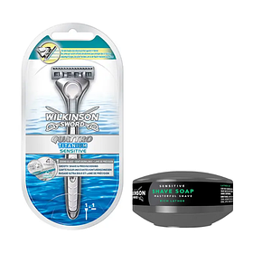 Станок для гоління Wilkinson Sword Quattro Titanium Sensitive 1 картридж + Мило для гоління Wilkinson Sword для чутливої шкіри