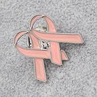 Брошка кліпса на сріблястій основі дві рожеві стрічки покрита кольоровою емаллю розмір виробу 20Х20 мм