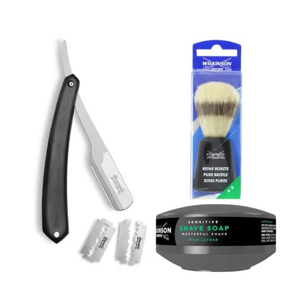 Небезпечна бритва Wilkinson Sword Barber's Style The Pioneer + Помазок + Мило для гоління Wilkinson Sword для чутливої шкіри 125 г