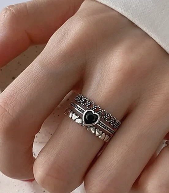 Кільце багатошарове Fashion Jewelry вінтажне із серцем універсальний розмір сріблястий колір, фото 1