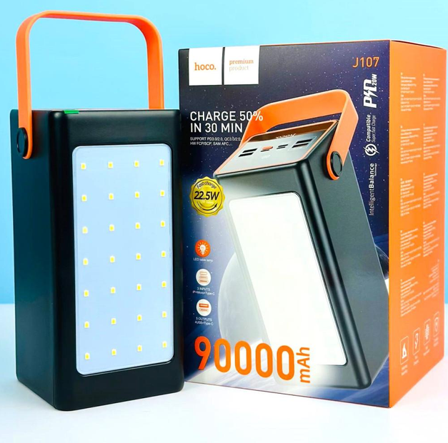 Повербанк із ліхтариком 90000mAh 22.5W Hoco J107 Super 333Wh PD20W 4xUSB/Type-C/MicroUSB/Lightning чорний