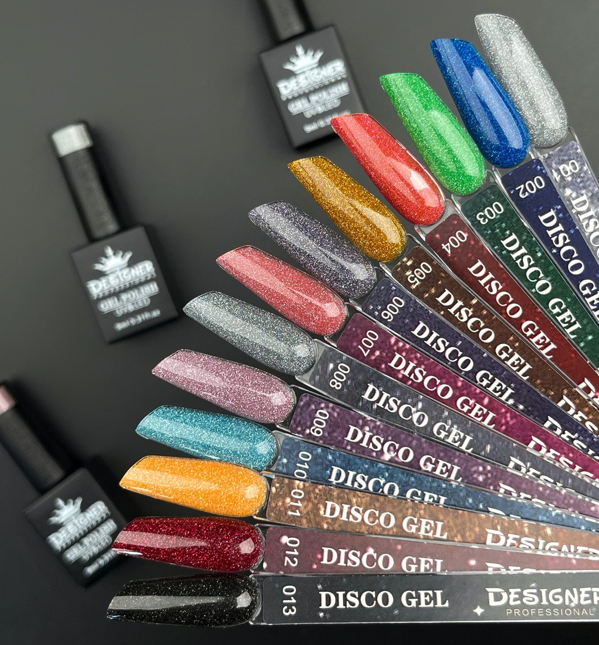 Демонстраційна палітра-віяло світловідбиваючих гель-лаків Disco Gel Polish Дизайнер (з блискітками)