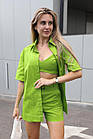 Жіночий літній костюм трійка лляний Сорочка + Шорти + Топ салатовий Комплект на літо з льону, фото 2