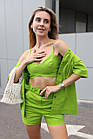 Жіночий літній костюм трійка лляний Сорочка + Шорти + Топ салатовий Комплект на літо з льону, фото 3