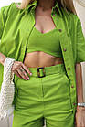 Жіночий літній костюм трійка лляний Сорочка + Шорти + Топ салатовий Комплект на літо з льону, фото 6