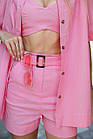 Жіночий літній костюм трійка лляний Сорочка + Шорти + Топ рожевий Комплект на літо з льону, фото 6